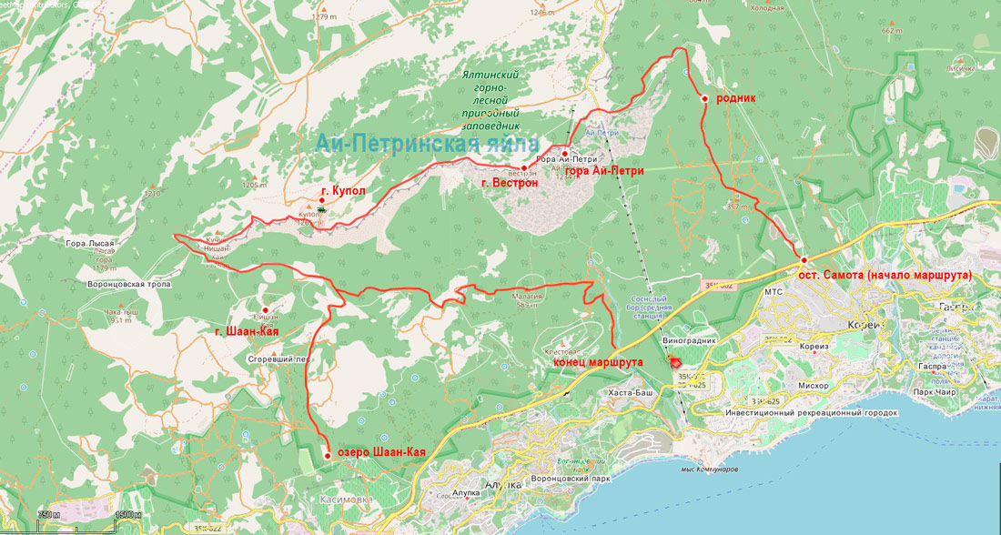 карта пешеходного маршрута по горе Ай-Петри крым