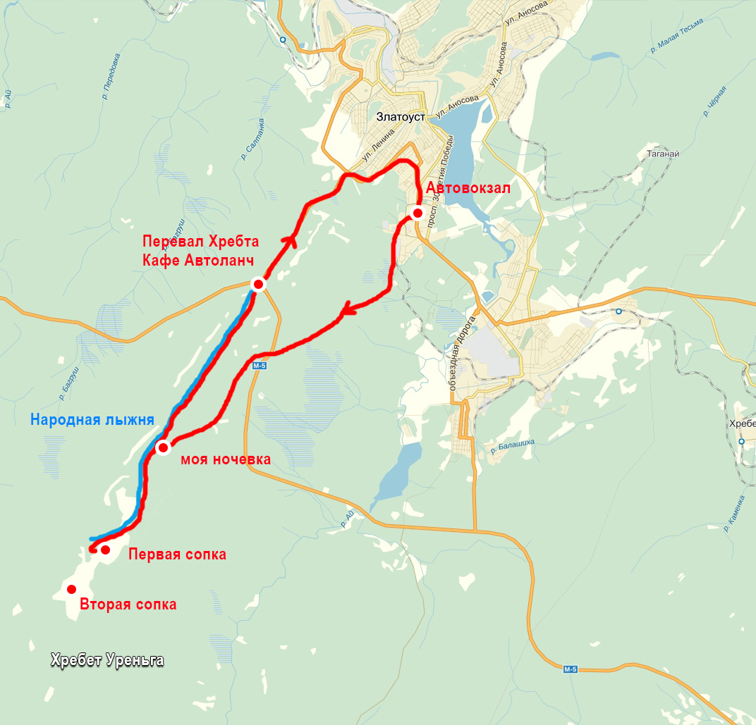 карта маршрут зимнего похода на хребет Уреньга